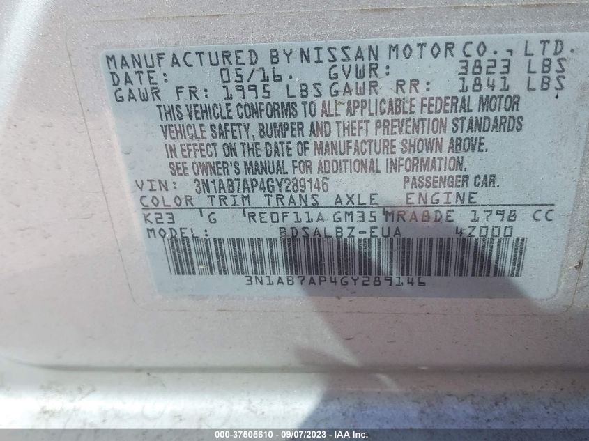 2016 NISSAN SENTRA S - 3N1AB7AP4GY289146