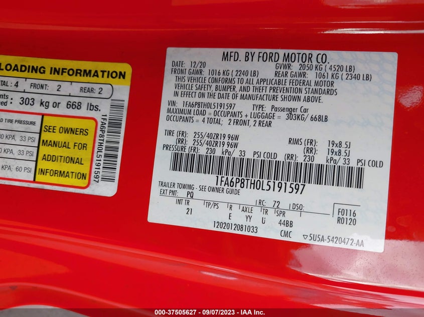 VIN 1FA6P8TH0L5191597 2020 FORD MUSTANG
