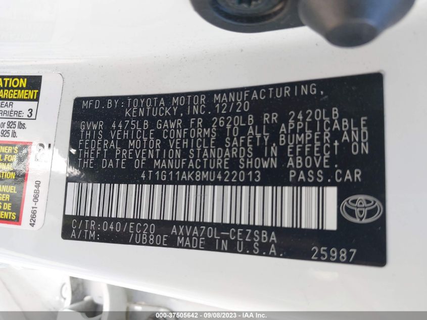 2021 TOYOTA CAMRY SE - 4T1G11AK8MU422013