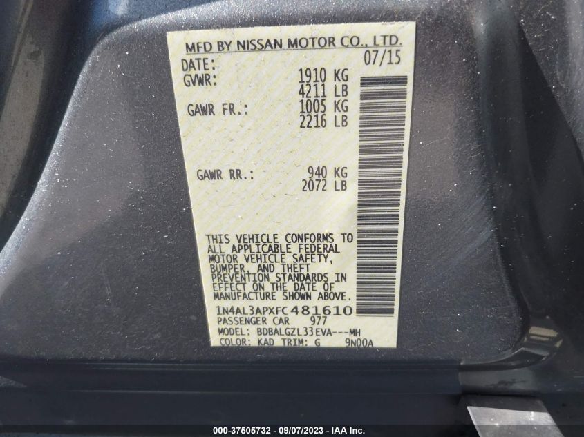 2015 NISSAN ALTIMA 2.5 S - 1N4AL3APXFC481610