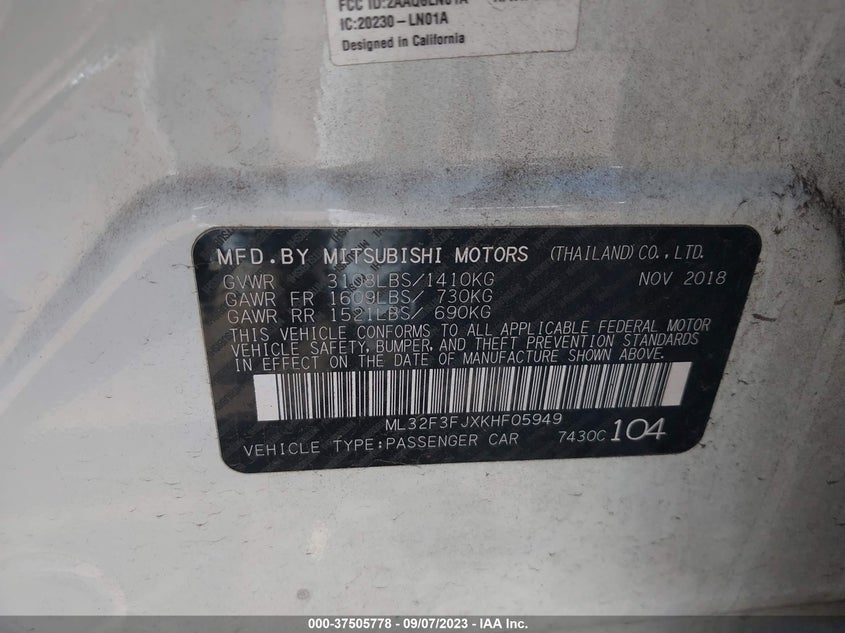 VIN ML32F3FJXKHF05949 2019 MITSUBISHI MIRAGE G4 ES/RF