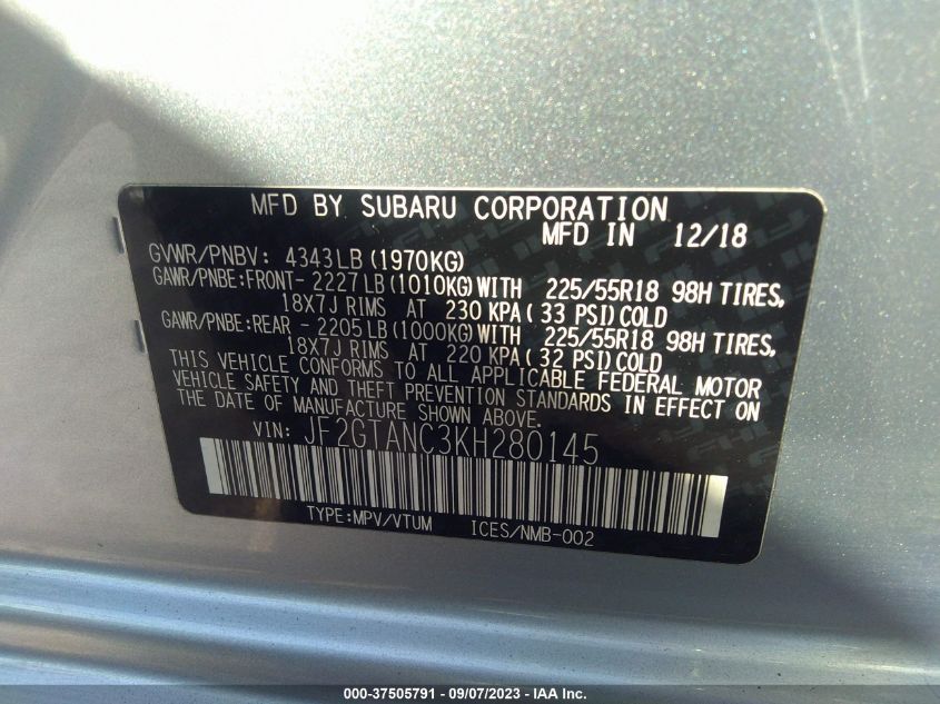 2019 SUBARU CROSSTREK LIMITED - JF2GTANC3KH280145