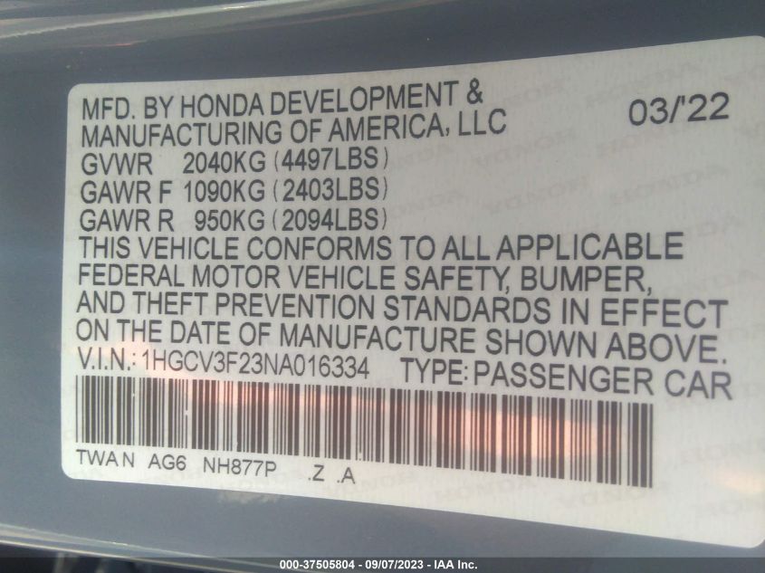 1HGCV3F23NA016334 Honda Accord Hybrid SPORT 9