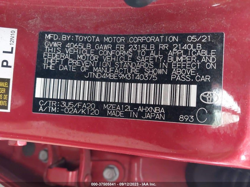 VIN JTND4MBE9M3140375 2021 TOYOTA COROLLA HATCHBACK SE