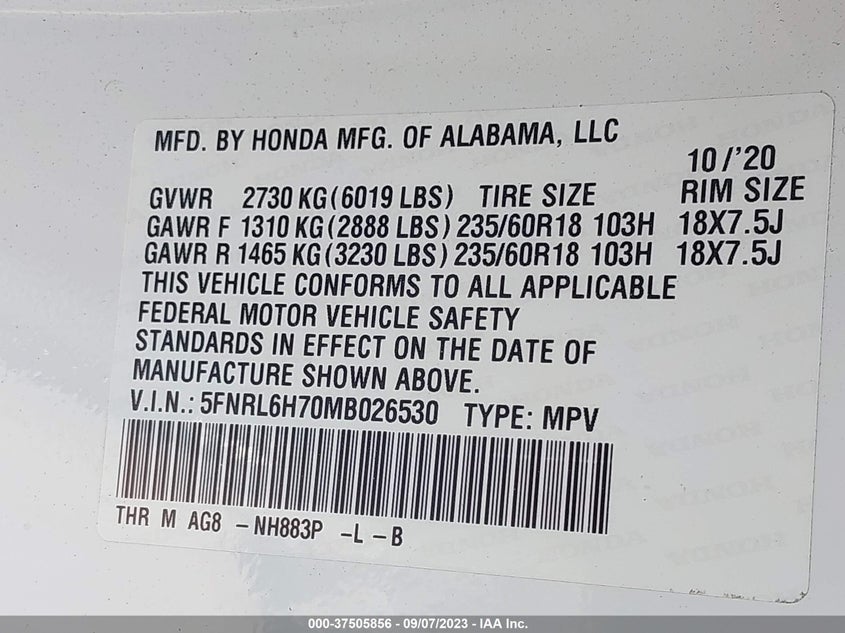 VIN 5FNRL6H70MB026530 2021 HONDA ODYSSEY EXL