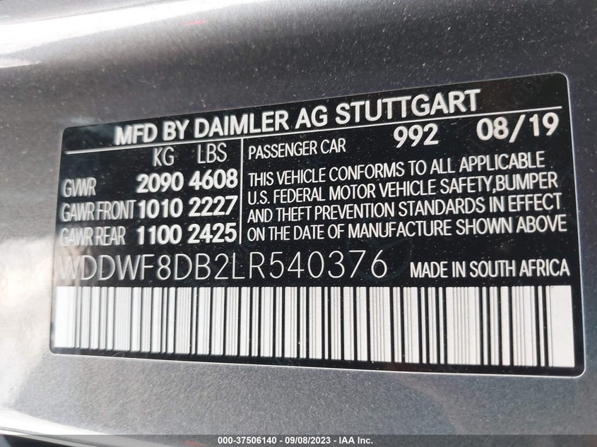 VIN WDDWF8DB2LR540376 2020 MERCEDES-BENZ C-CLASS C 300