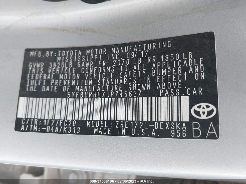 2018 TOYOTA COROLLA L/LE/XLE/SE/XSE - 5YFBURHEXJP745637