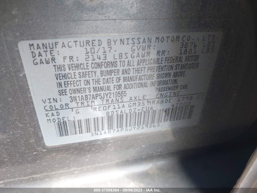 VIN 3N1AB7AP5JY219565 2018 NISSAN SENTRA S/SV/SR/SL