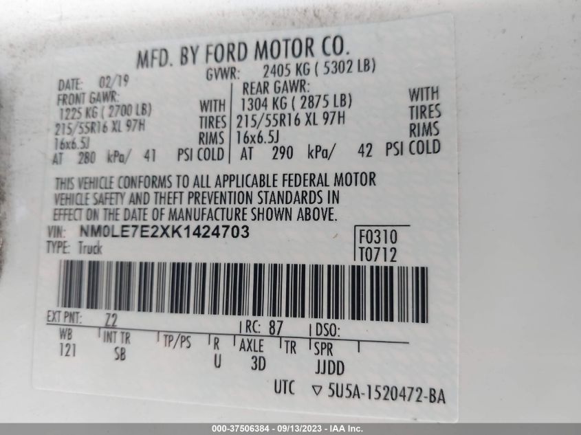 2019 FORD TRANSIT CONNECT VAN XL NM0LE7E2XK1424703