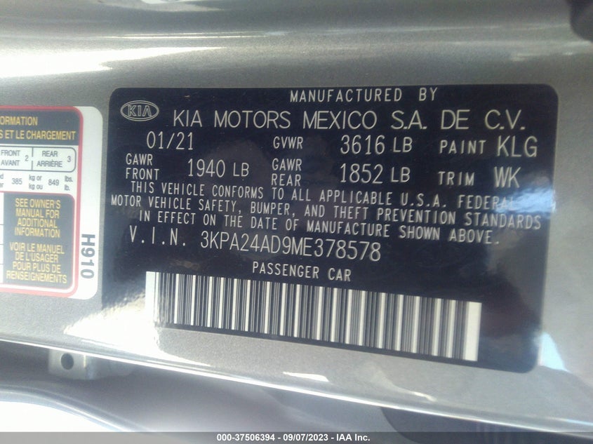 VIN 3KPA24AD9ME378578 2021 KIA RIO S