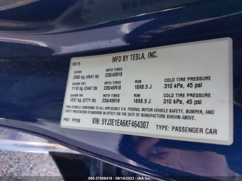 2019 TESLA MODEL 3 RANGE - 5YJ3E1EA6KF464307