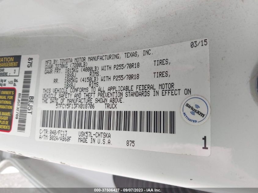 2015 TOYOTA TUNDRA SR5 5.7L V8 5TFCY5F13FX018706