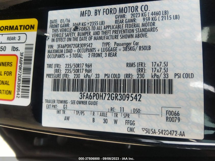 2016 FORD FUSION SE - 3FA6P0H72GR309542