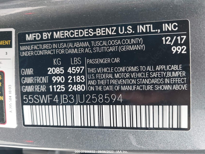 VIN 55SWF4JB3JU258594 2018 MERCEDES-BENZ C-CLASS C 300