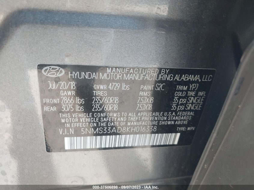 2019 HYUNDAI SANTA FE SEL PLUS - 5NMS33AD8KH016338