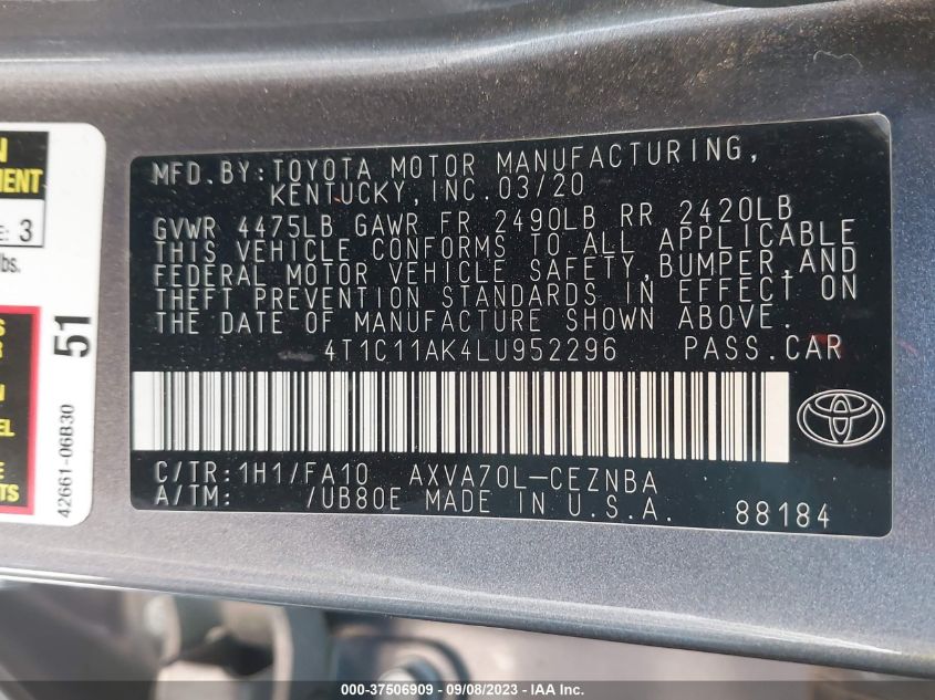 2020 TOYOTA CAMRY LE - 4T1C11AK4LU952296