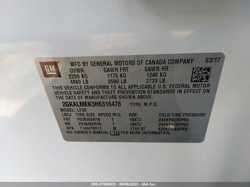 VIN 2GKALMEK3H6316478 2017 GMC TERRAIN SLE