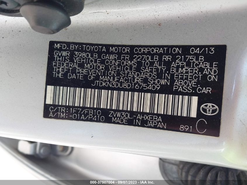 2013 TOYOTA PRIUS ONE/TWO/THREE/FOUR/FIVE - JTDKN3DU8D1675409