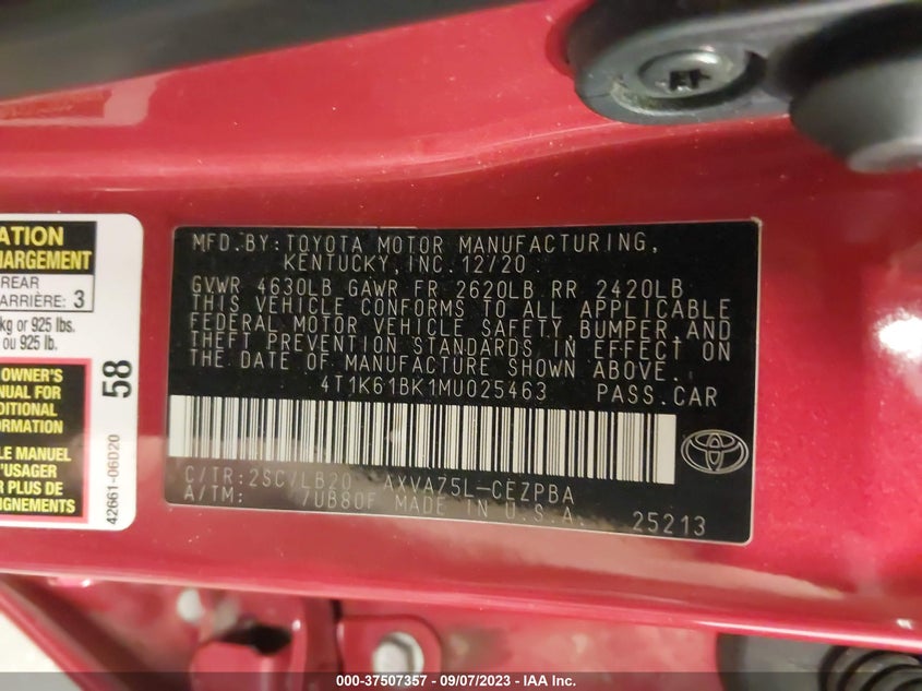 VIN 4T1K61BK1MU025463 2021 TOYOTA CAMRY XSE