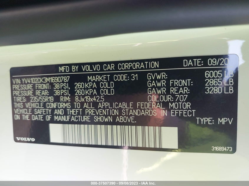 VIN YV4102CK3M1690787 2021 VOLVO XC90 MOMENTUM