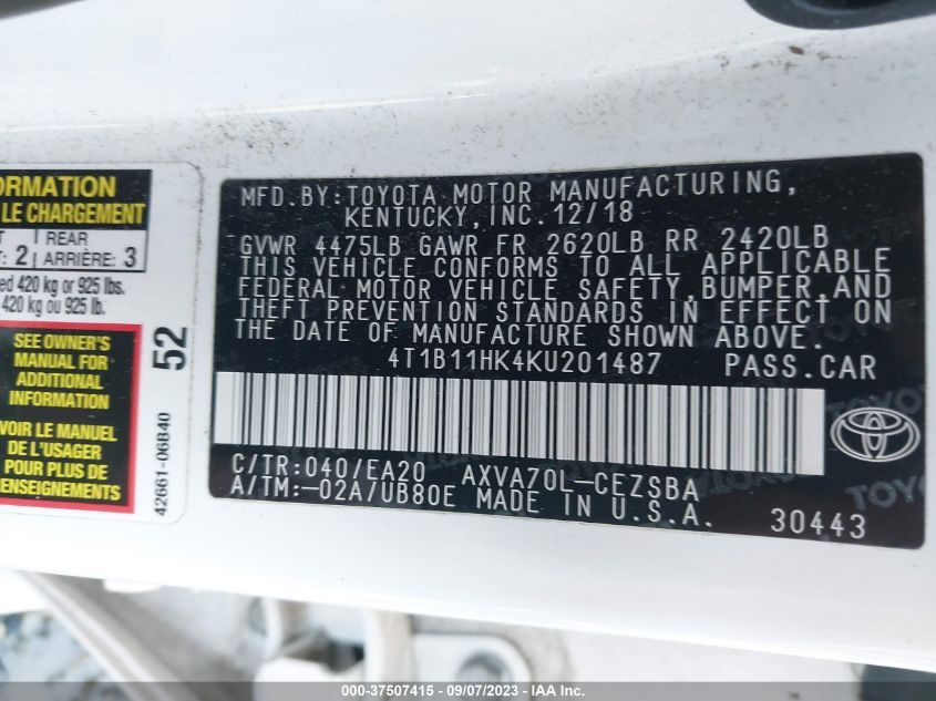 2019 TOYOTA CAMRY LE/SE/XLE/L - 4T1B11HK4KU201487