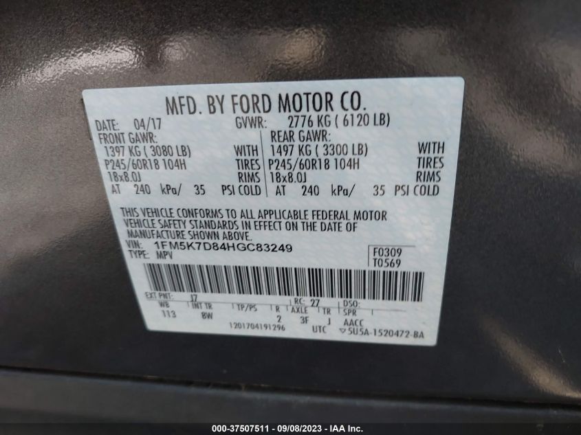 2017 FORD EXPLORER XLT - 1FM5K7D84HGC83249