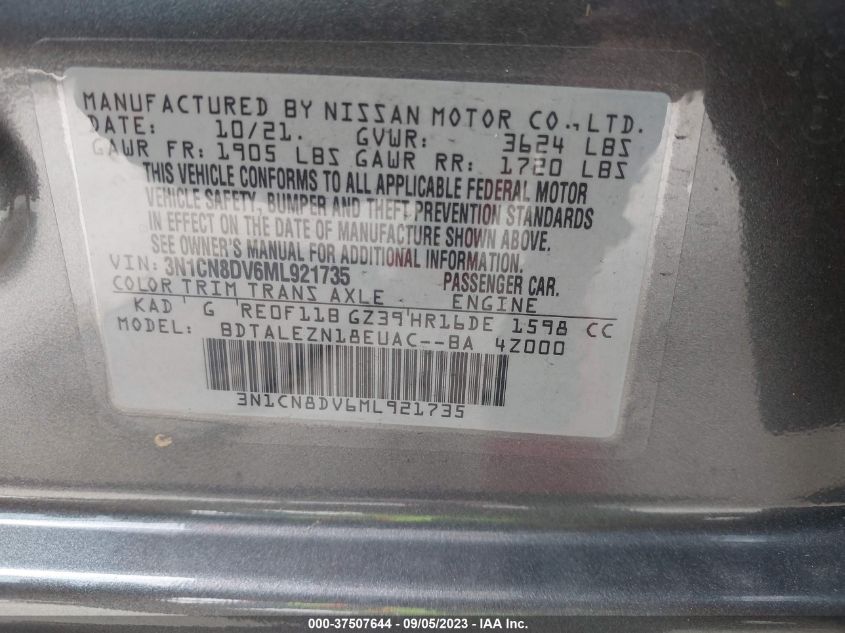 3N1CN8DV6ML921735 Nissan Versa S 9