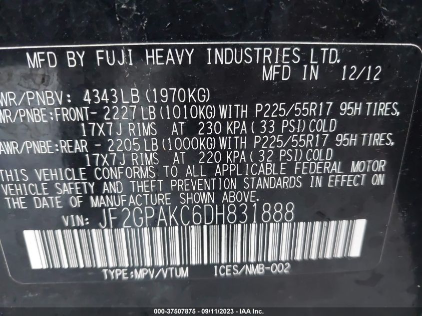 2013 SUBARU XV CROSSTREK LIMITED - JF2GPAKC6DH831888