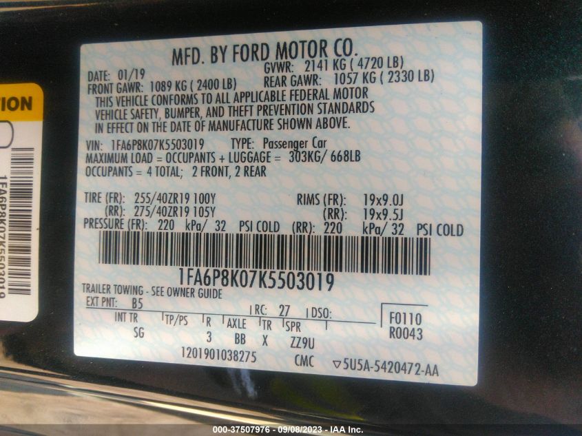 2019 FORD MUSTANG BULLITT - 1FA6P8K07K5503019