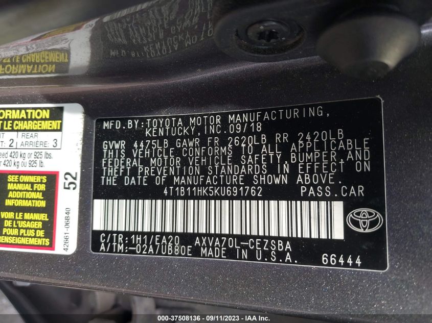 2019 TOYOTA CAMRY LE/SE/XLE/L - 4T1B11HK5KU691762