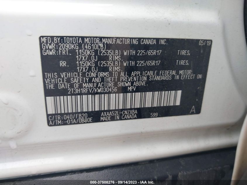 2019 TOYOTA RAV4 LE - 2T3H1RFV7KW030456