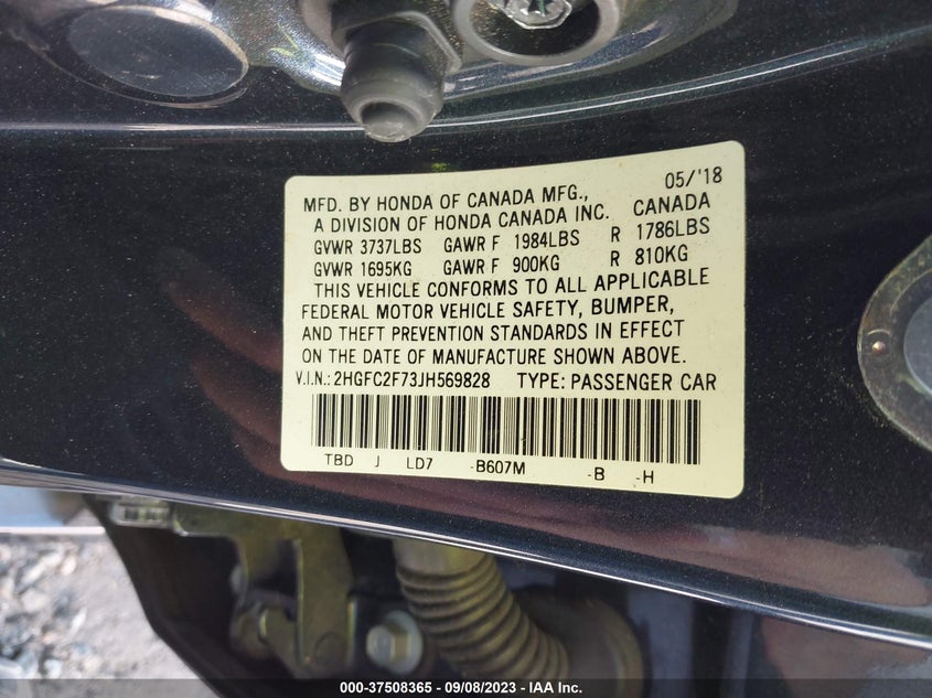 VIN 2HGFC2F73JH569828 2018 HONDA CIVIC SEDAN EX