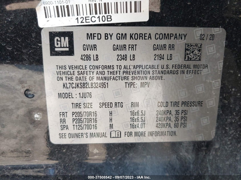 VIN KL7CJKSB2LB324951 2020 CHEVROLET TRAX LS