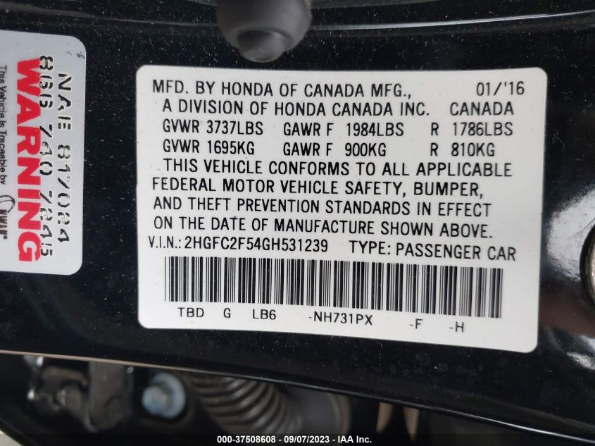 2016 HONDA CIVIC SEDAN LX - 2HGFC2F54GH531239