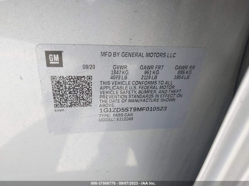 2021 CHEVROLET MALIBU LT - 1G1ZD5ST9MF010523