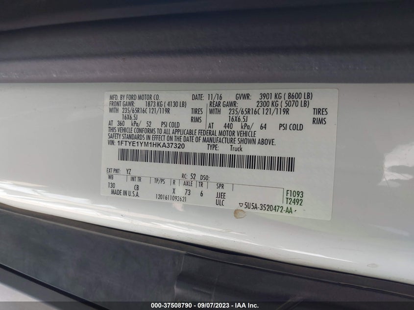 VIN 1FTYE1YM1HKA37320 2017 FORD TRANSIT VAN