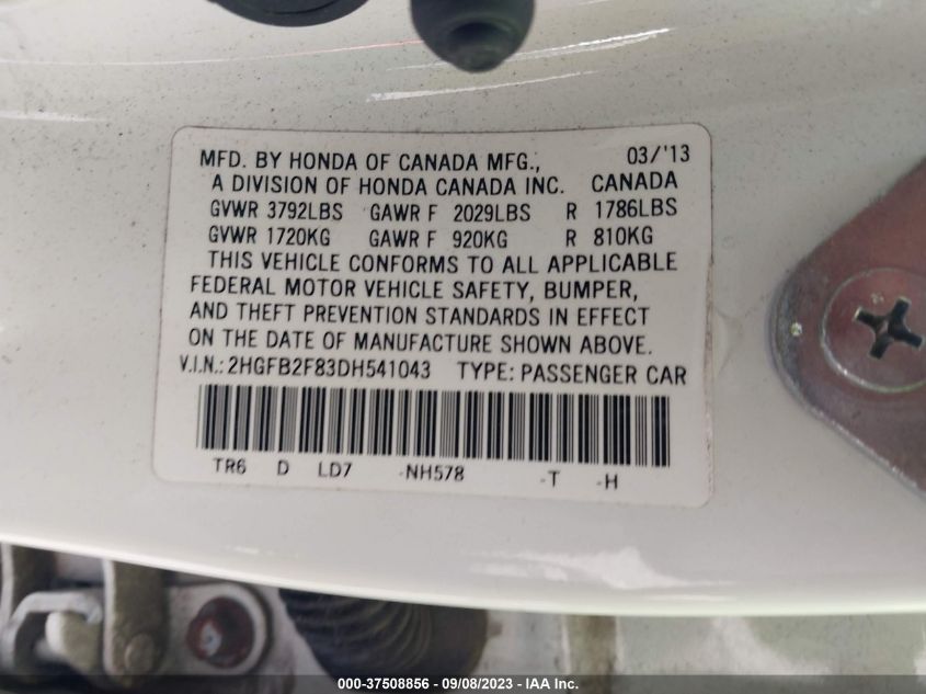 2013 HONDA CIVIC SDN EX - 2HGFB2F83DH541043