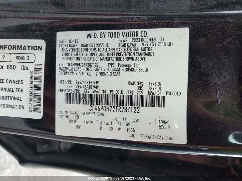 2015 FORD FUSION SE - 3FA6P0H72FR287122