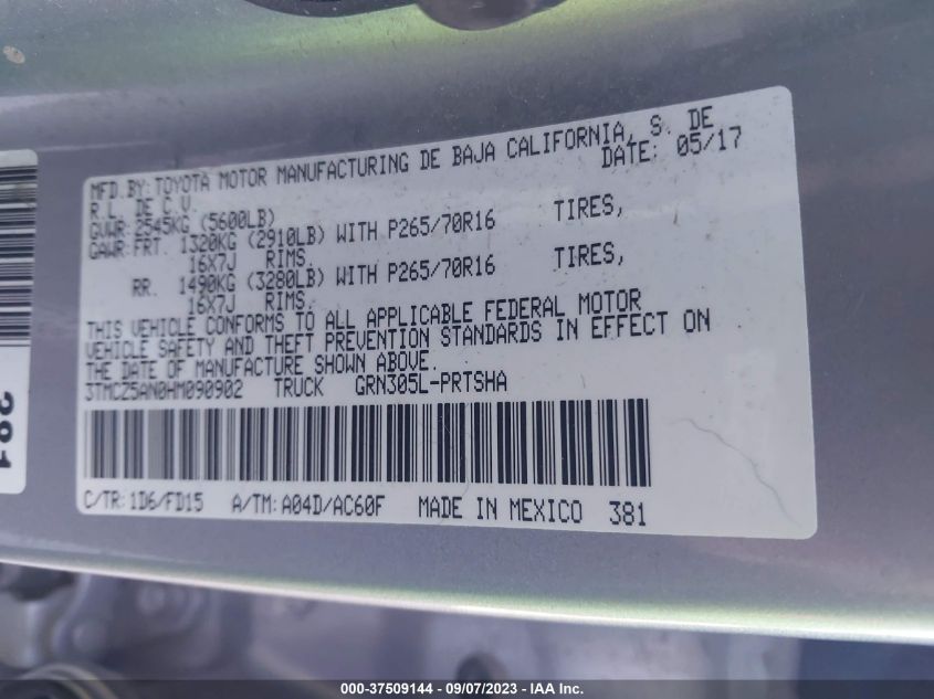 2017 TOYOTA TACOMA DBL CAB/SR/TRDSPT/OR/PRO - 3TMCZ5AN0HM090902