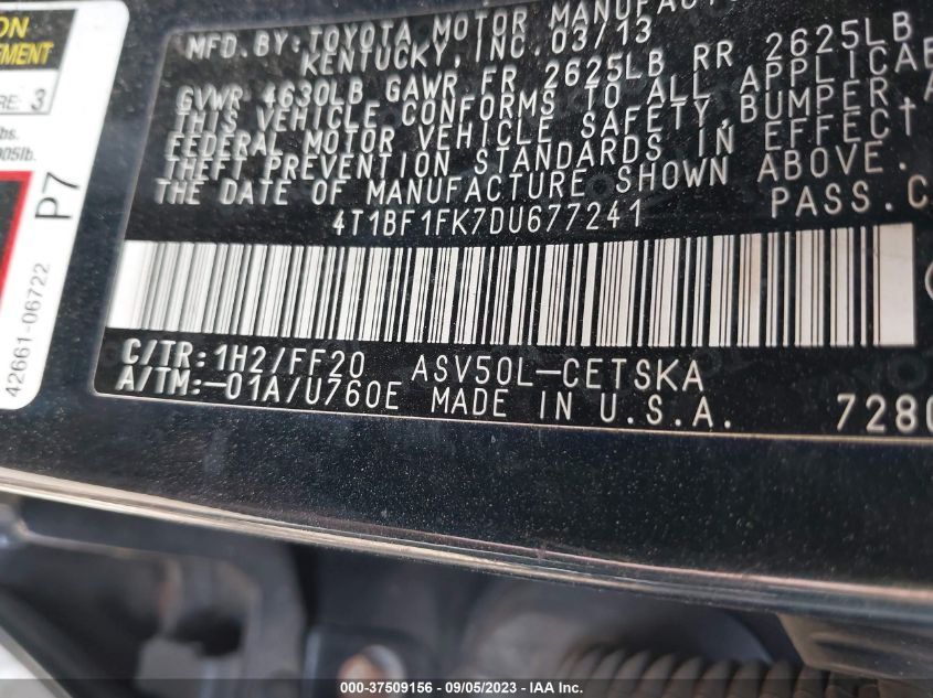 2013 TOYOTA CAMRY L/LE/SE/XLE - 4T1BF1FK7DU677241