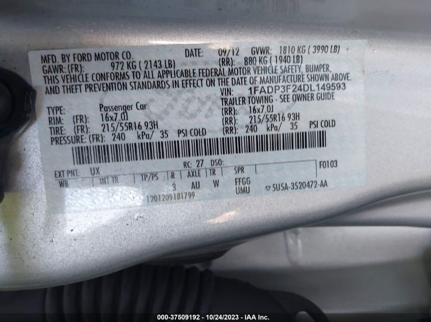 2013 FORD FOCUS SE - 1FADP3F24DL149593