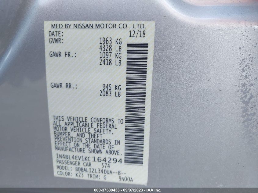 2019 NISSAN ALTIMA 2.5 SL - 1N4BL4EV1KC164294