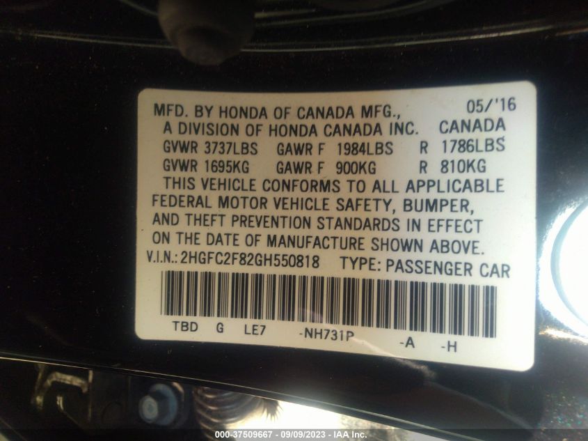 2016 HONDA CIVIC SEDAN EX - 2HGFC2F82GH550818