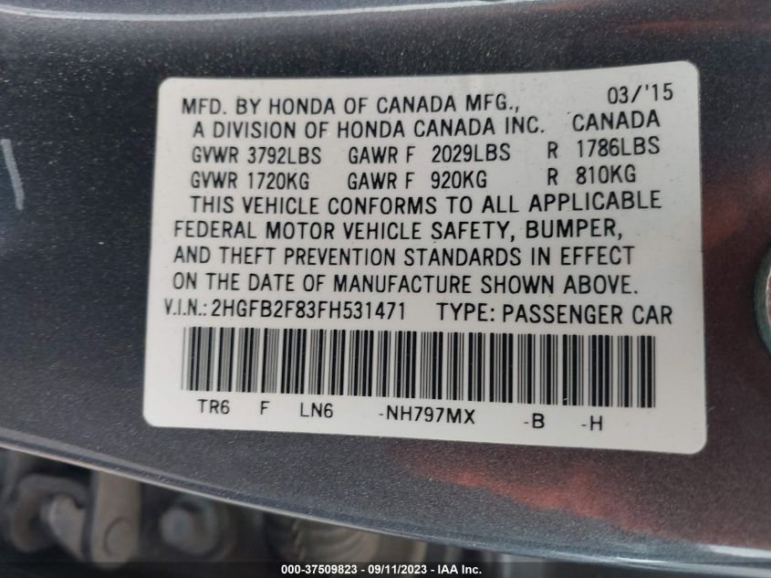 2015 HONDA CIVIC SEDAN EX - 2HGFB2F83FH531471