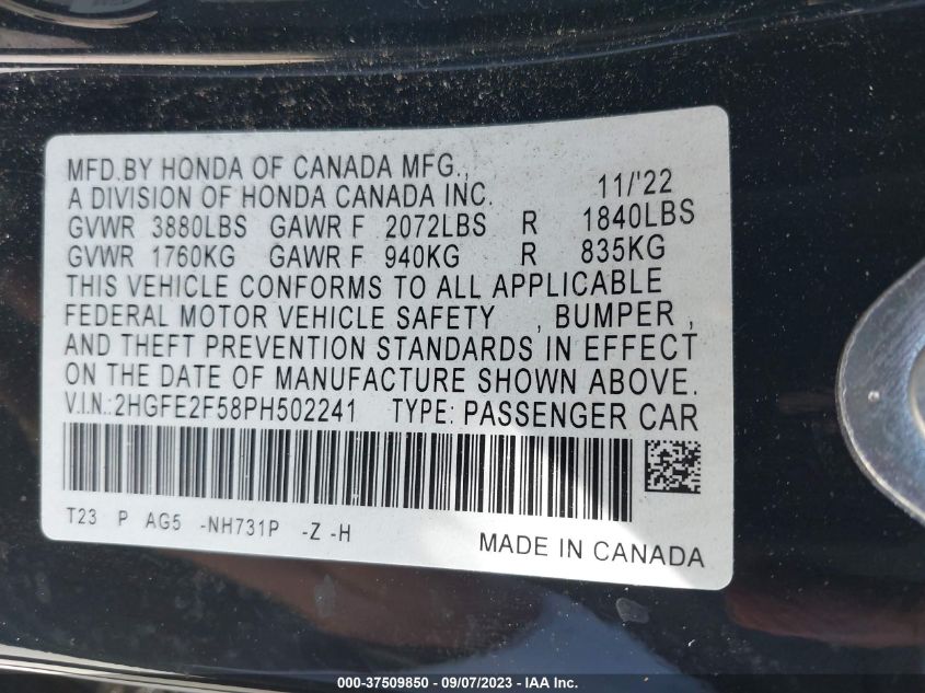 2023 HONDA CIVIC SEDAN SPORT - 2HGFE2F58PH502241