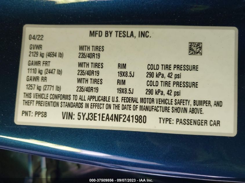 2022 TESLA MODEL 3 - 5YJ3E1EA4NF241980