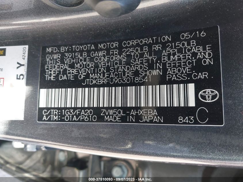 2016 TOYOTA PRIUS TWO - JTDKBRFU9G3018541