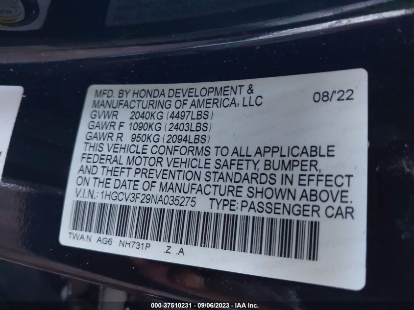 1HGCV3F29NA035275 Honda Accord Hybrid SPORT 9