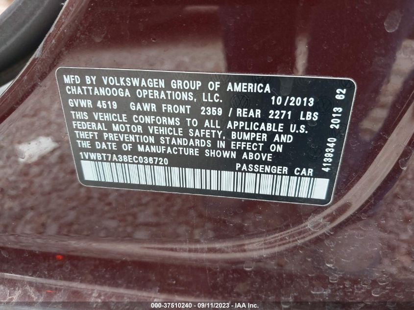 2014 VOLKSWAGEN PASSAT SE W/SUNROOF - 1VWBT7A38EC036720