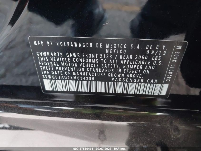 2019 VOLKSWAGEN GOLF S/SE - 3VWG57AU7KM034296